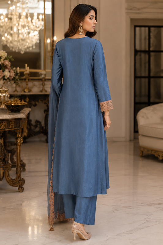 Blue Embroidered Kurta Pant Set with Dupatta
