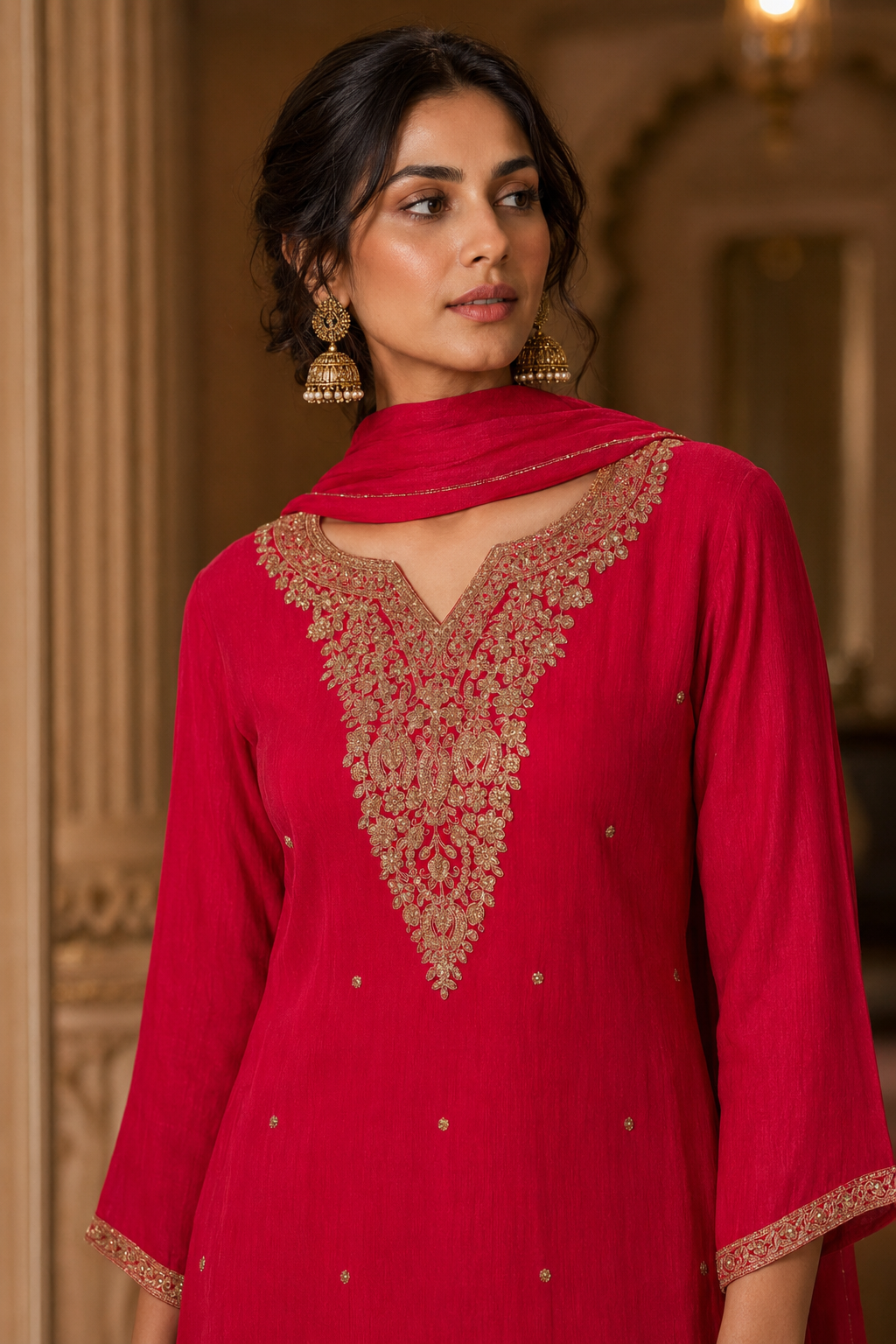 Fuchsia Embroidered Kurta Palazzo Set with Dupatta