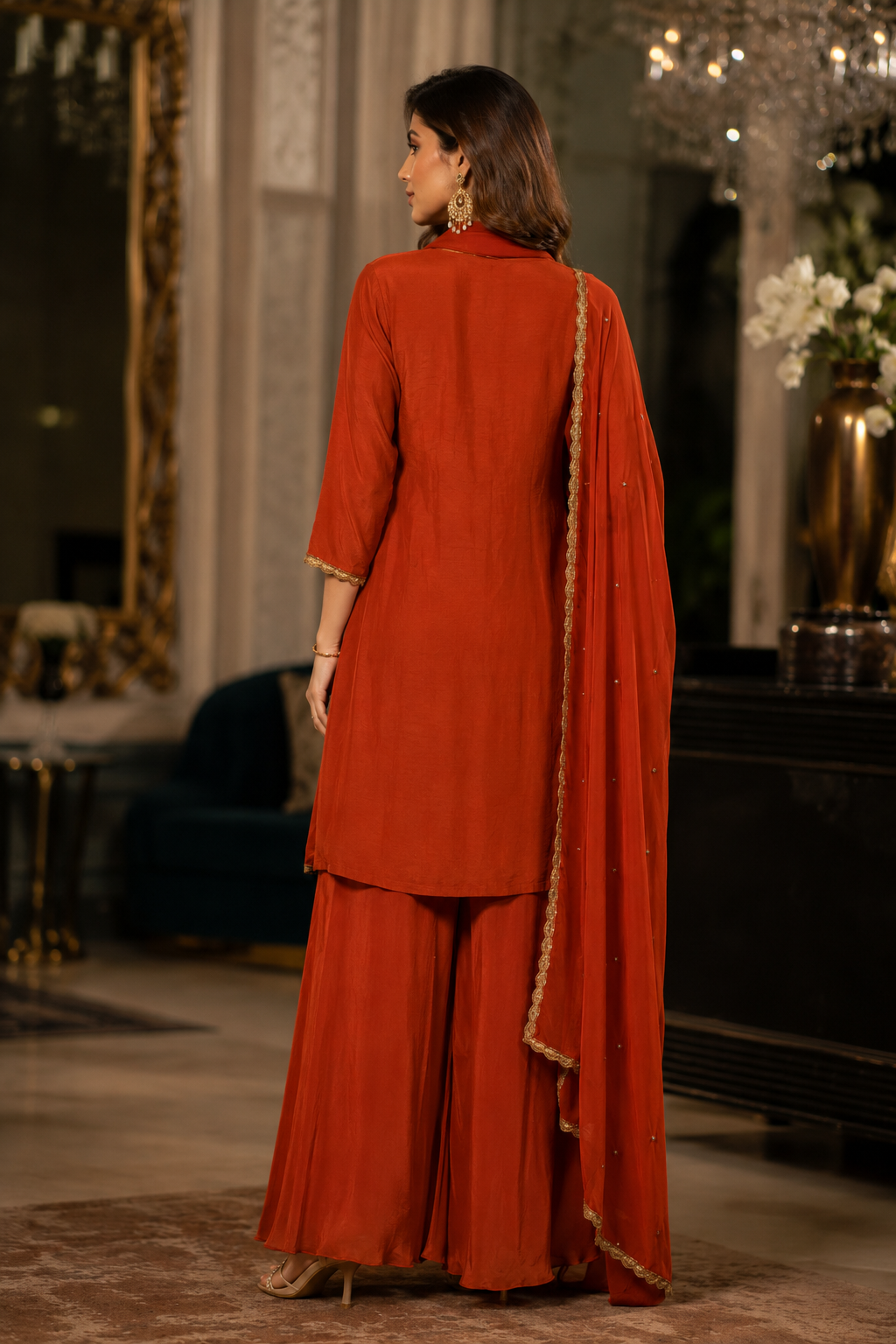 Rust Orange Embroidered Kurta Palazzo Set with Dupatta