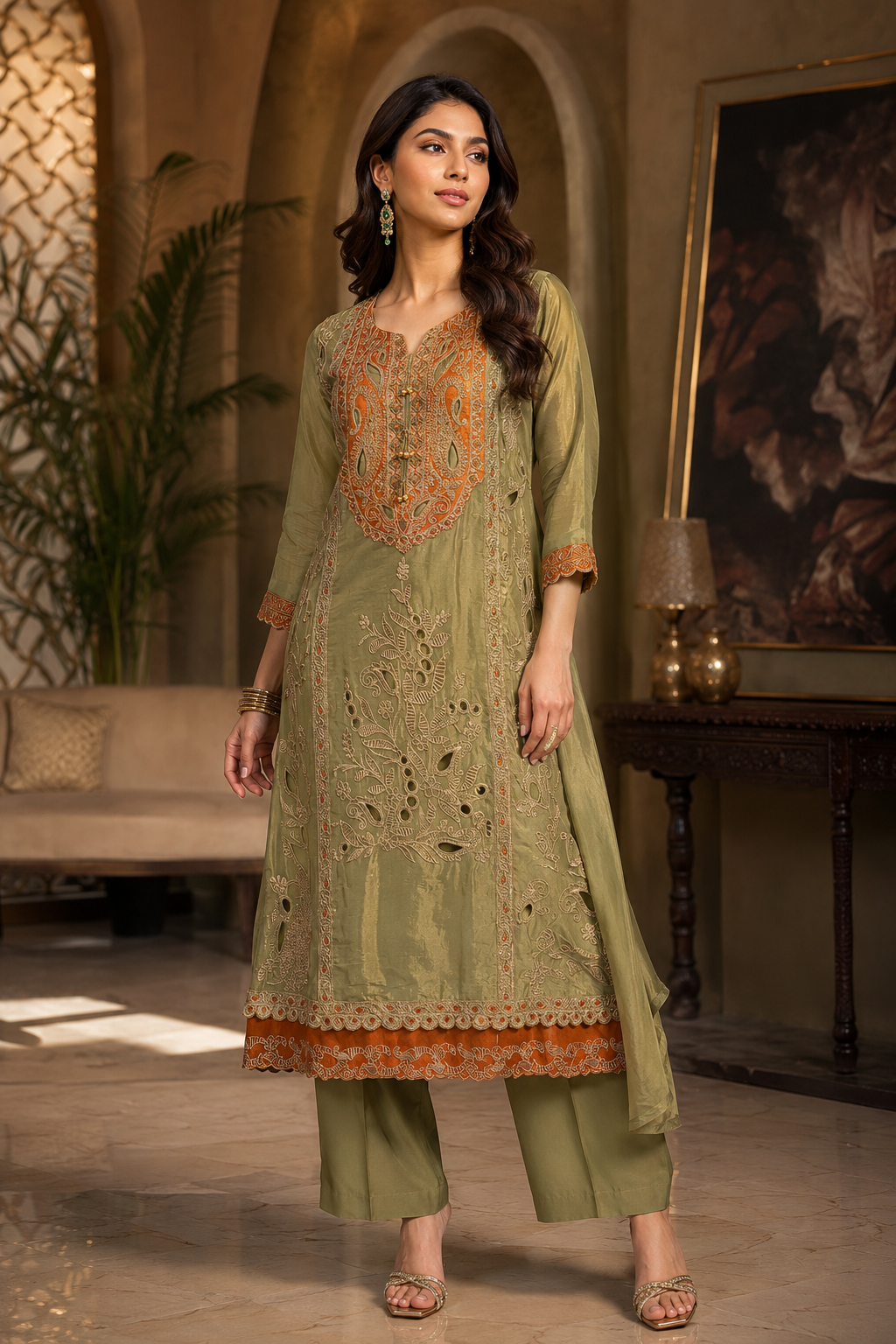 Olive Green Embroidered Kurta Set with Palazzo