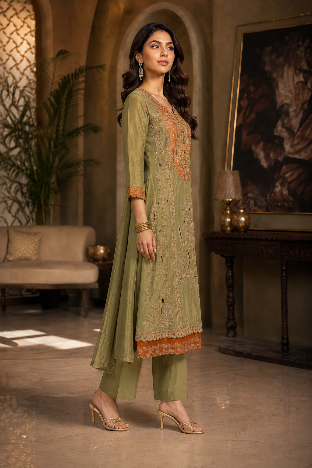 Olive Green Embroidered Kurta Set with Palazzo