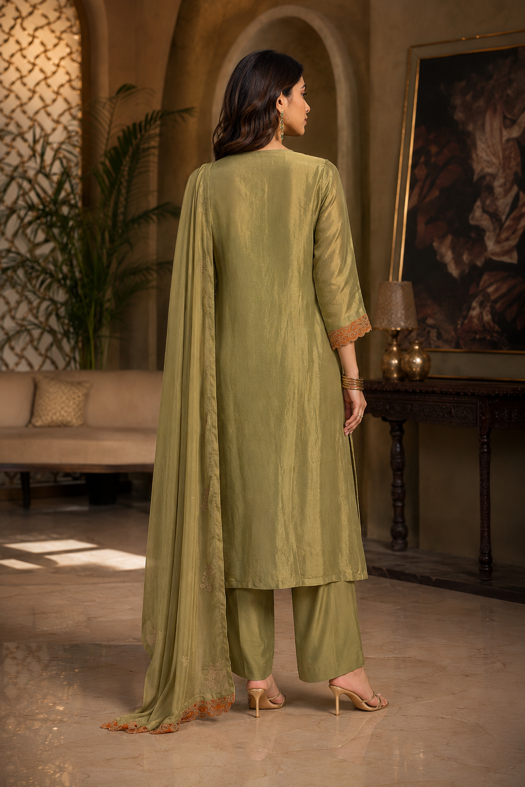 Olive Green Embroidered Kurta Set with Palazzo
