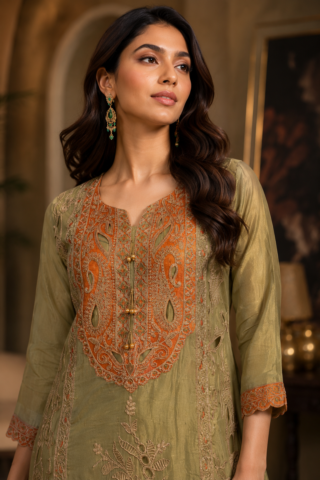 Olive Green Embroidered Kurta Set with Palazzo