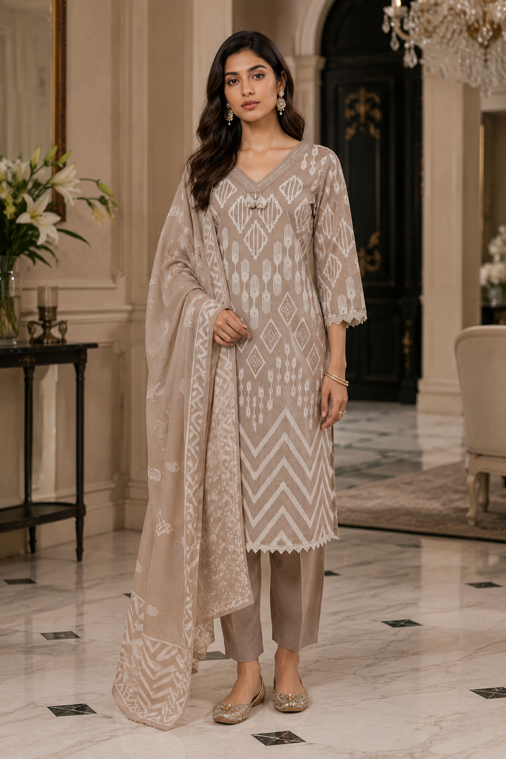 Printed Cotton Kurta Pant And Dupatta Set