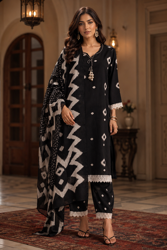 Printed Cotton Kurta Pant And Dupatta Set