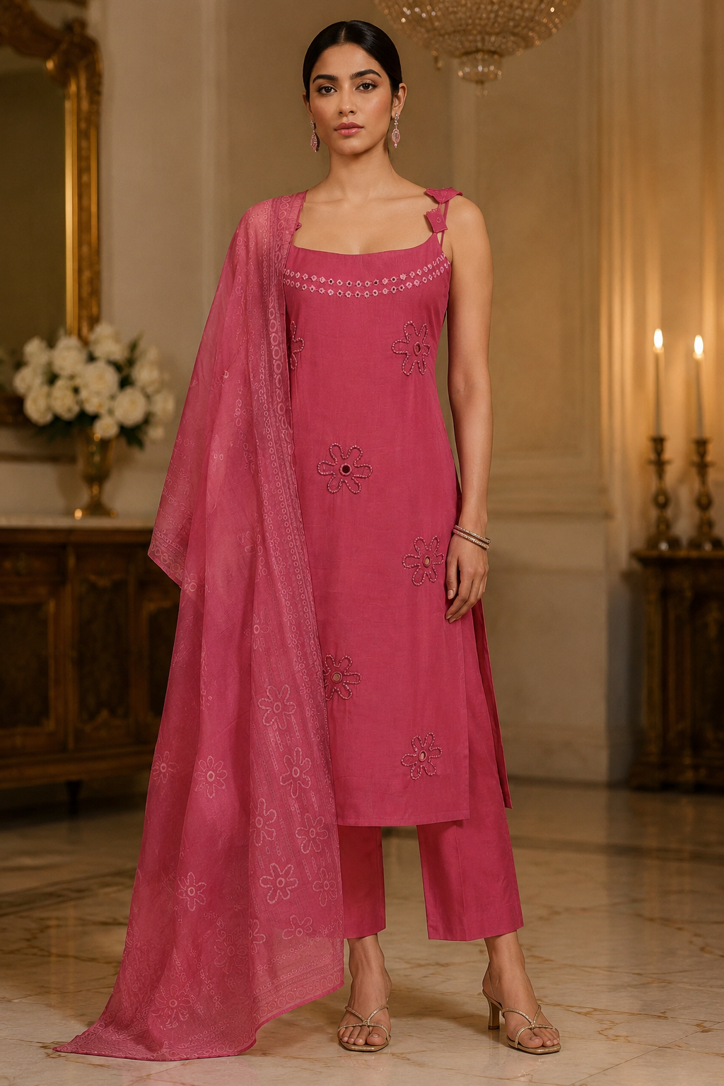 Sleeve Less Jute Kurta Pant And Dupatta Set