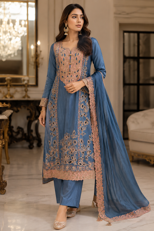 Blue Embroidered Kurta Pant Set with Dupatta