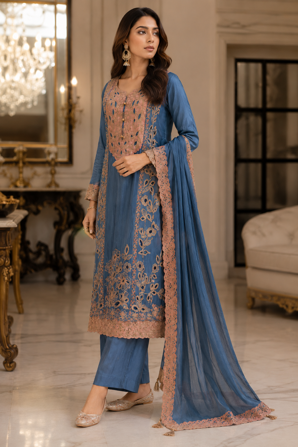 Blue Embroidered Kurta Pant Set with Dupatta