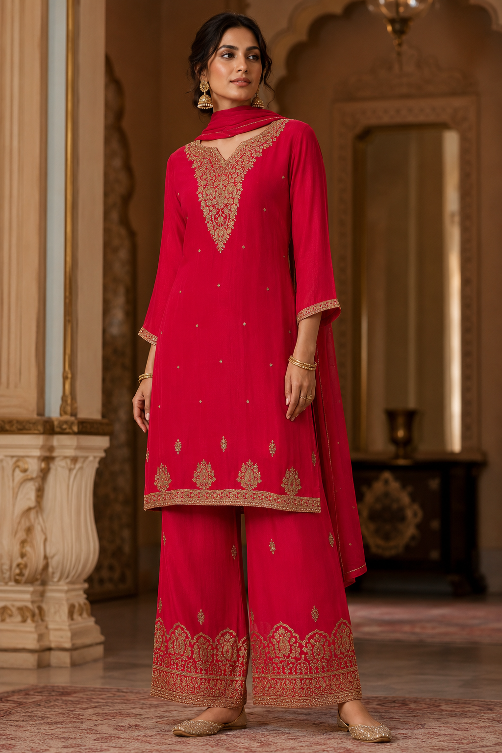 Fuchsia Embroidered Kurta Palazzo Set with Dupatta
