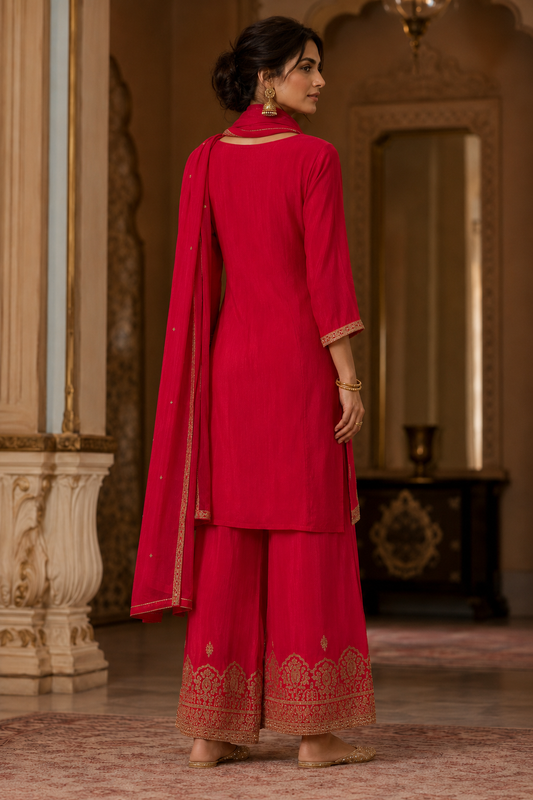 Fuchsia Embroidered Kurta Palazzo Set with Dupatta