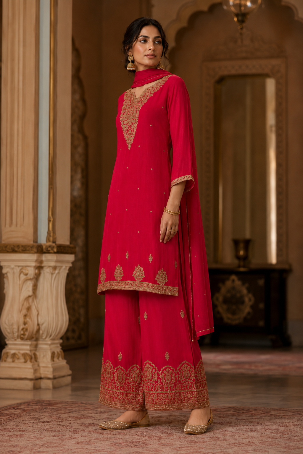 Fuchsia Embroidered Kurta Palazzo Set with Dupatta