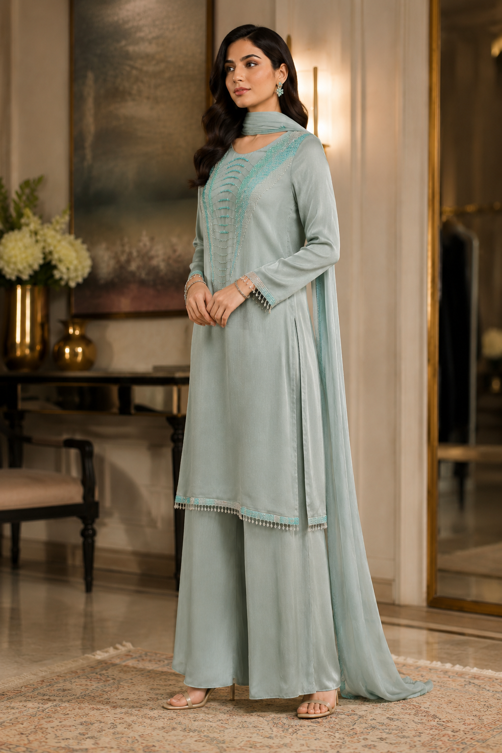 Sea Mist Moti Work Plazzo Set with Dupatta