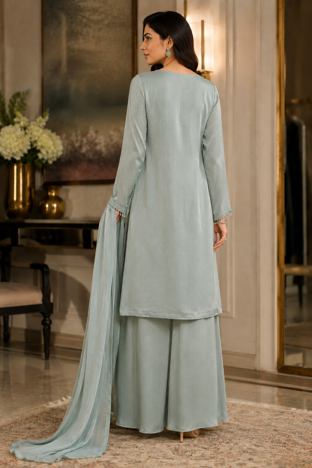 Sea Mist Moti Work Plazzo Set with Dupatta