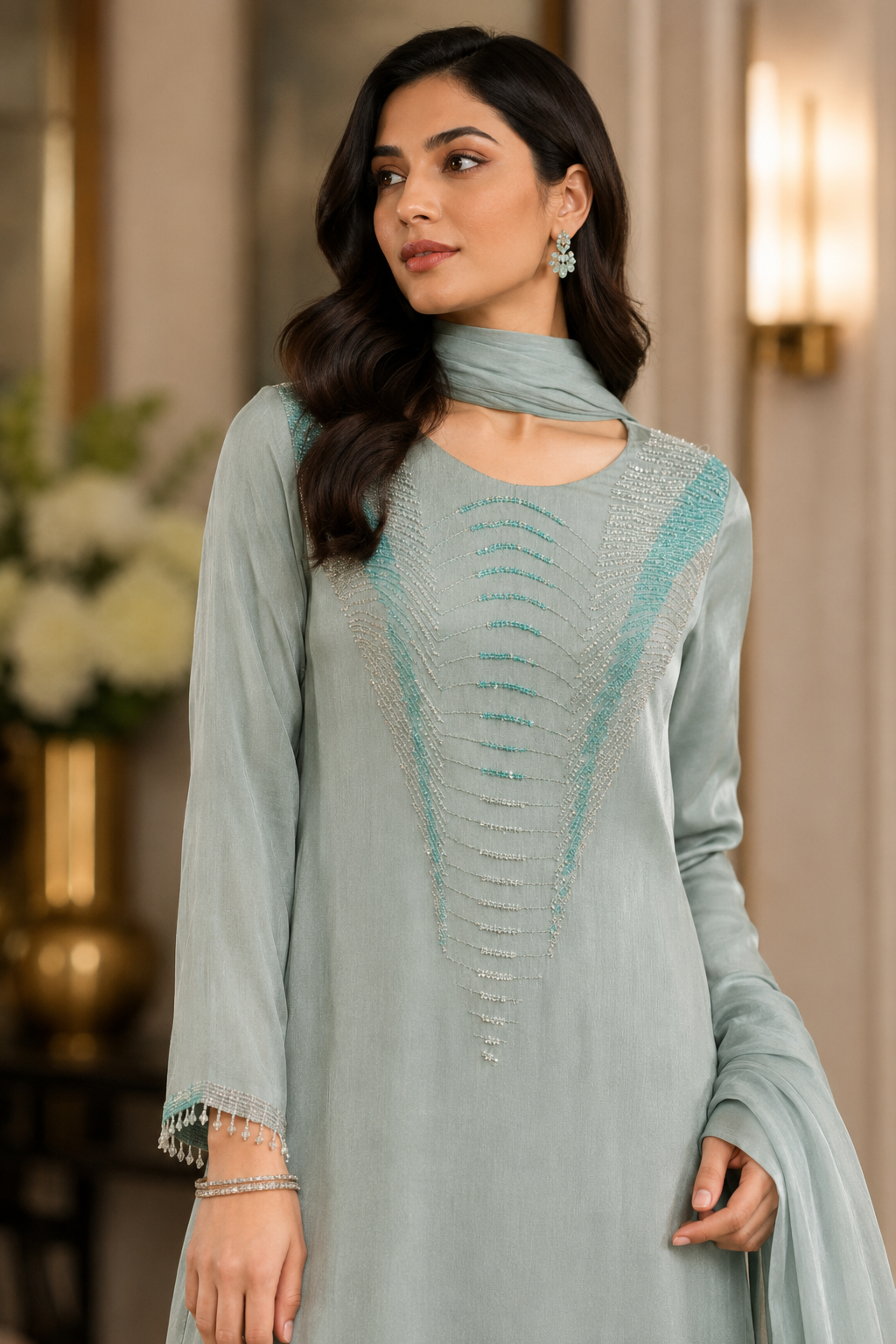 Sea Mist Moti Work Plazzo Set with Dupatta