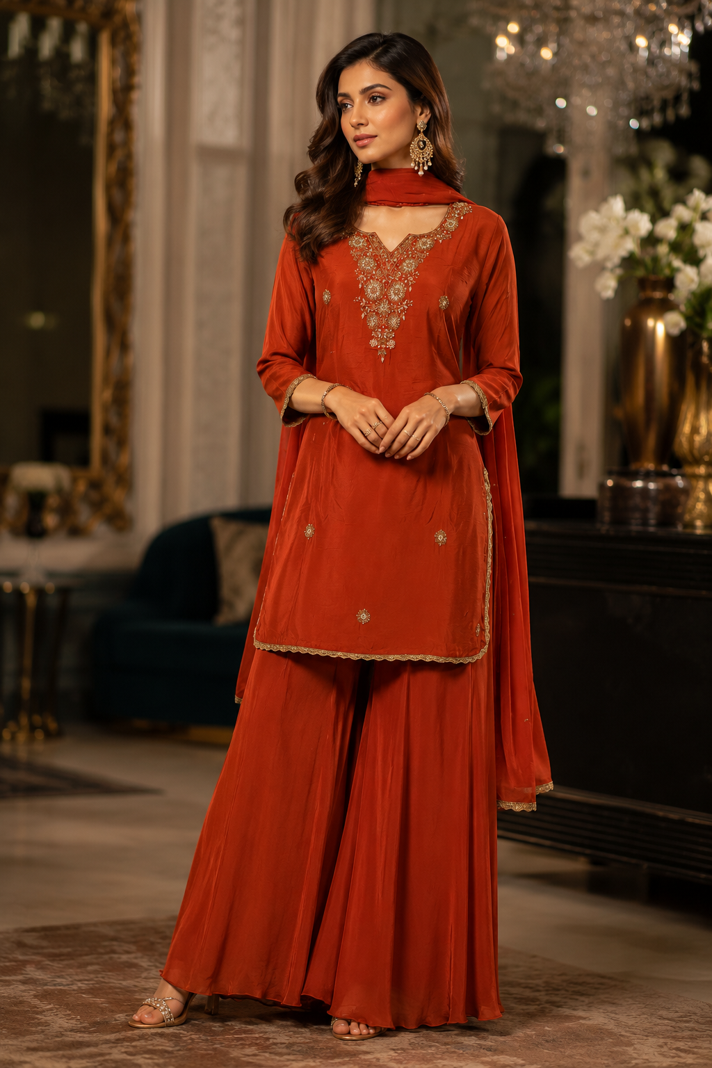 Rust Orange Embroidered Kurta Palazzo Set with Dupatta