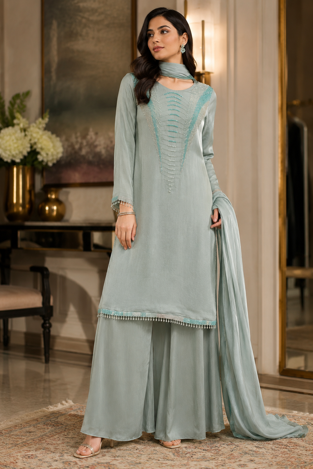 Sea Mist Moti Work Plazzo Set with Dupatta