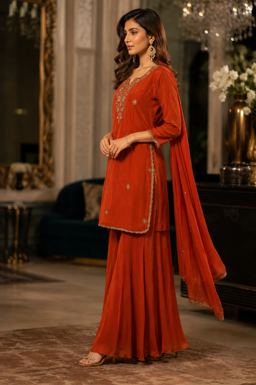 Rust Orange Embroidered Kurta Palazzo Set with Dupatta