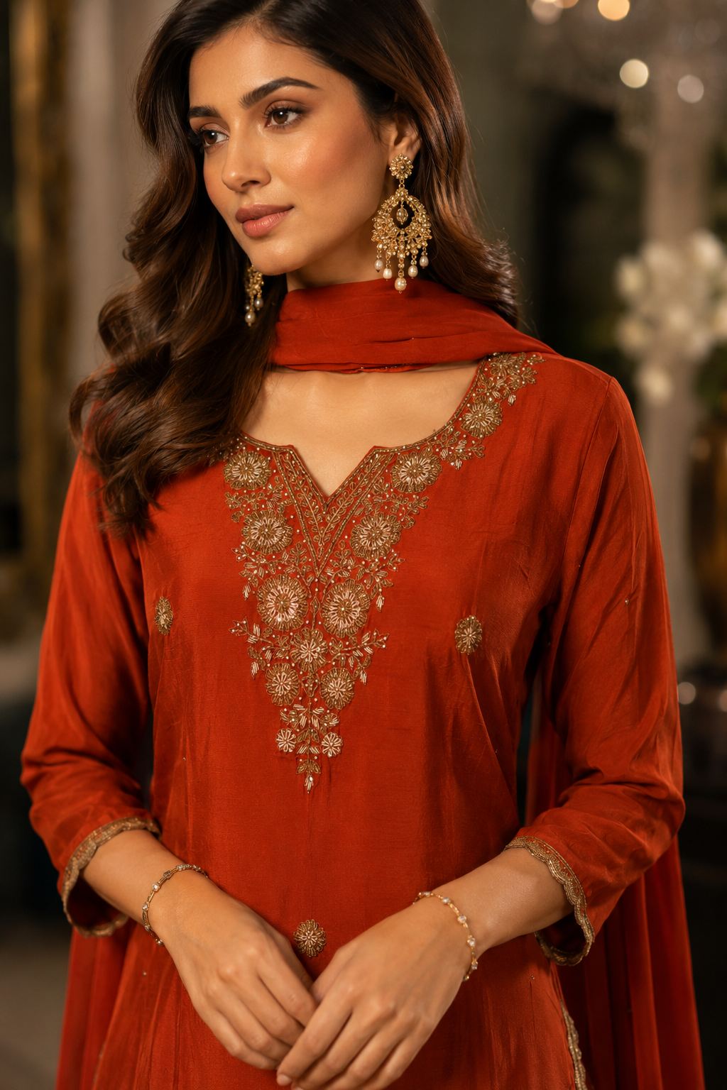 Rust Orange Embroidered Kurta Palazzo Set with Dupatta