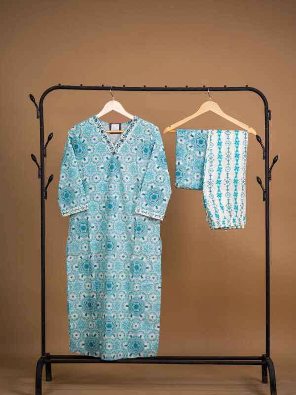 Aqua Blue Printed Cotton Kurta Set with Dupatta - Image 2
