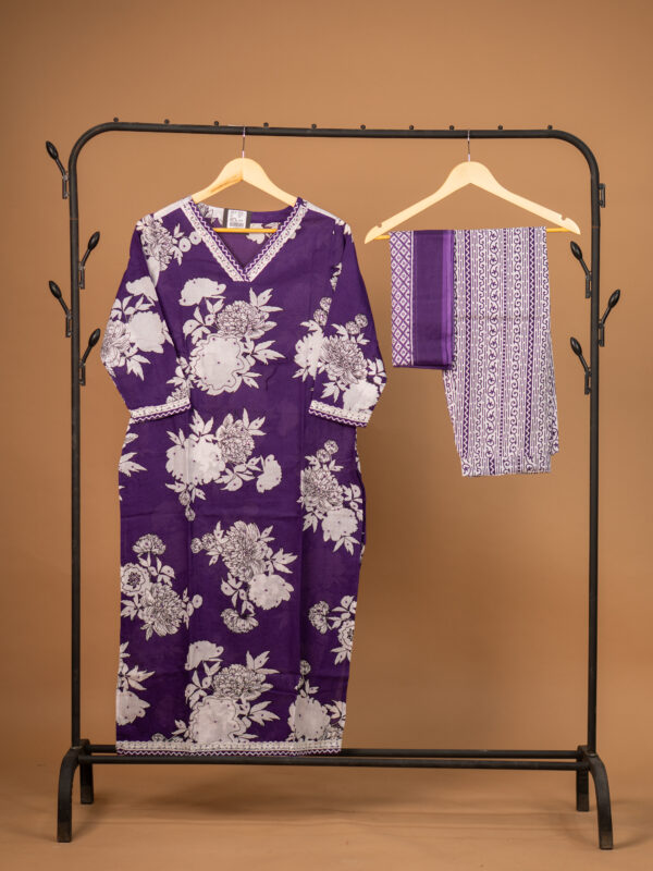Elegant Purple Floral Cotton Suit Set with Printed Dupatta - Image 2