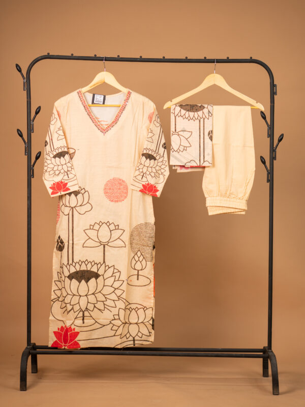 Cream Lotus Garden Printed Cotton Suit Set - Image 2