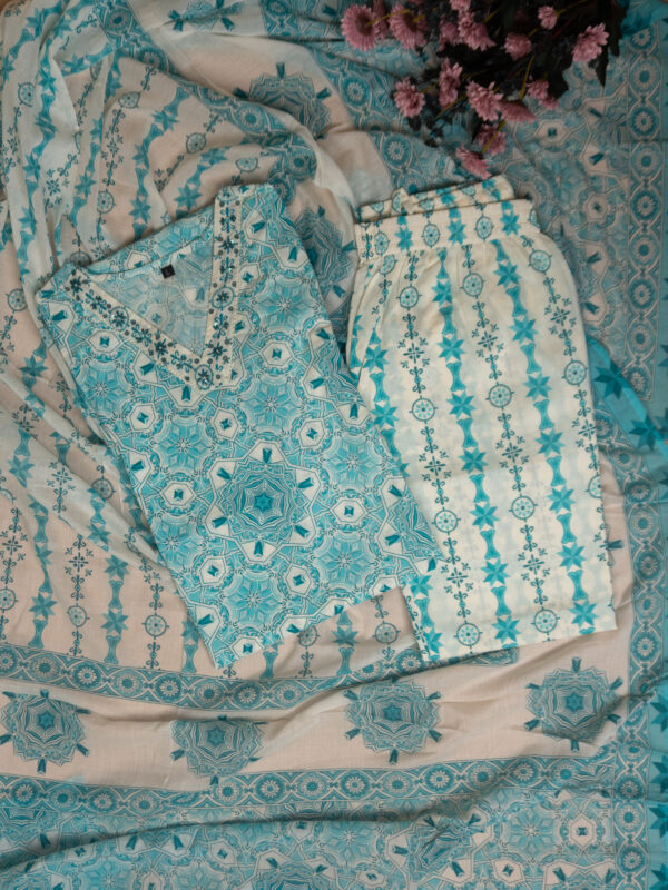 Aqua Blue Printed Cotton Kurta Set with Dupatta - Image 5