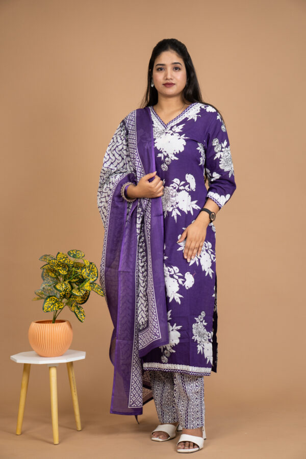 Elegant Purple Floral Cotton Suit Set with Printed Dupatta