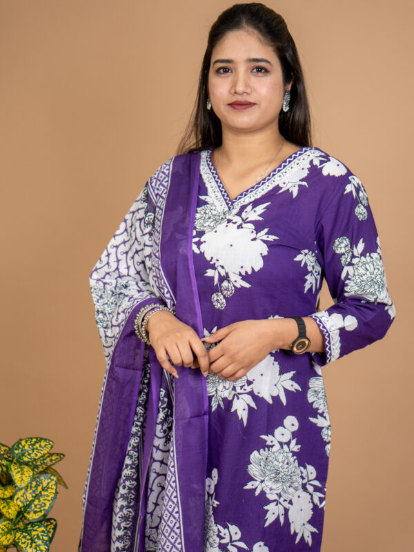 Elegant Purple Floral Cotton Suit Set with Printed Dupatta - Image 3