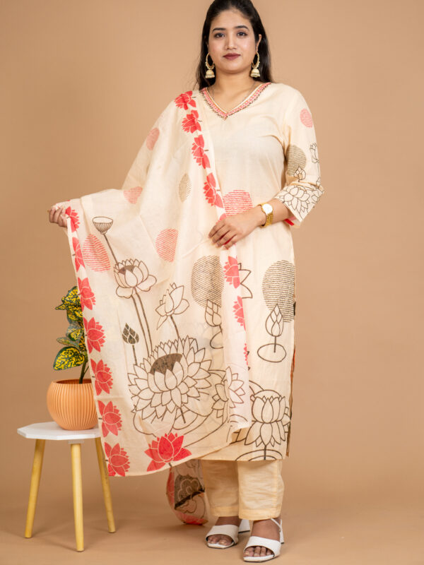 Cream Lotus Garden Printed Cotton Suit Set