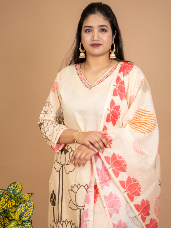 Cream Lotus Garden Printed Cotton Suit Set - Image 4