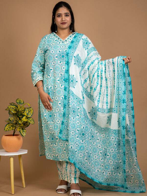 Aqua Blue Printed Cotton Kurta Set with Dupatta
