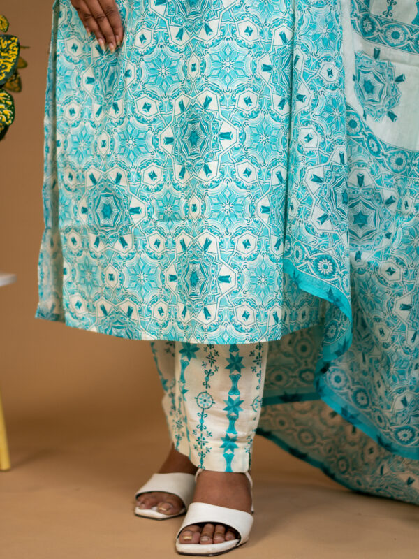 Aqua Blue Printed Cotton Kurta Set with Dupatta - Image 6