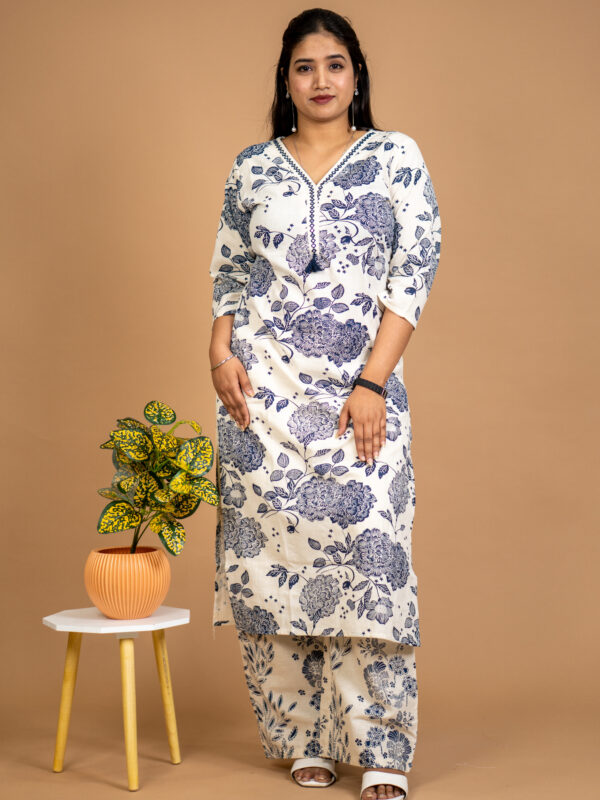 Ivory Blue Floral Printed Cotton Kurta Set