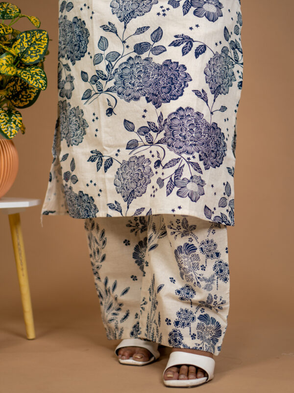 Ivory Blue Floral Printed Cotton Kurta Set - Image 5