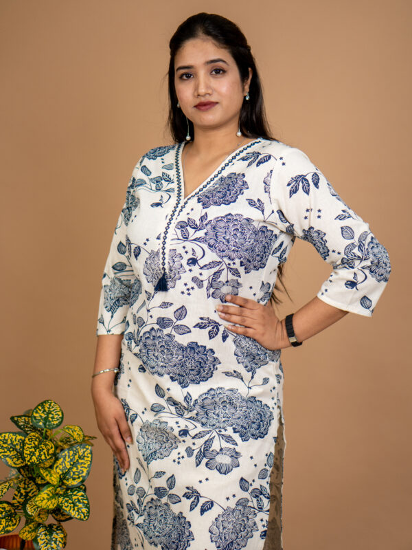 Ivory Blue Floral Printed Cotton Kurta Set - Image 6