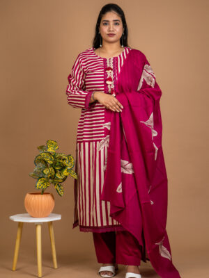 Magenta Striped & Leaf Print Kurta Set