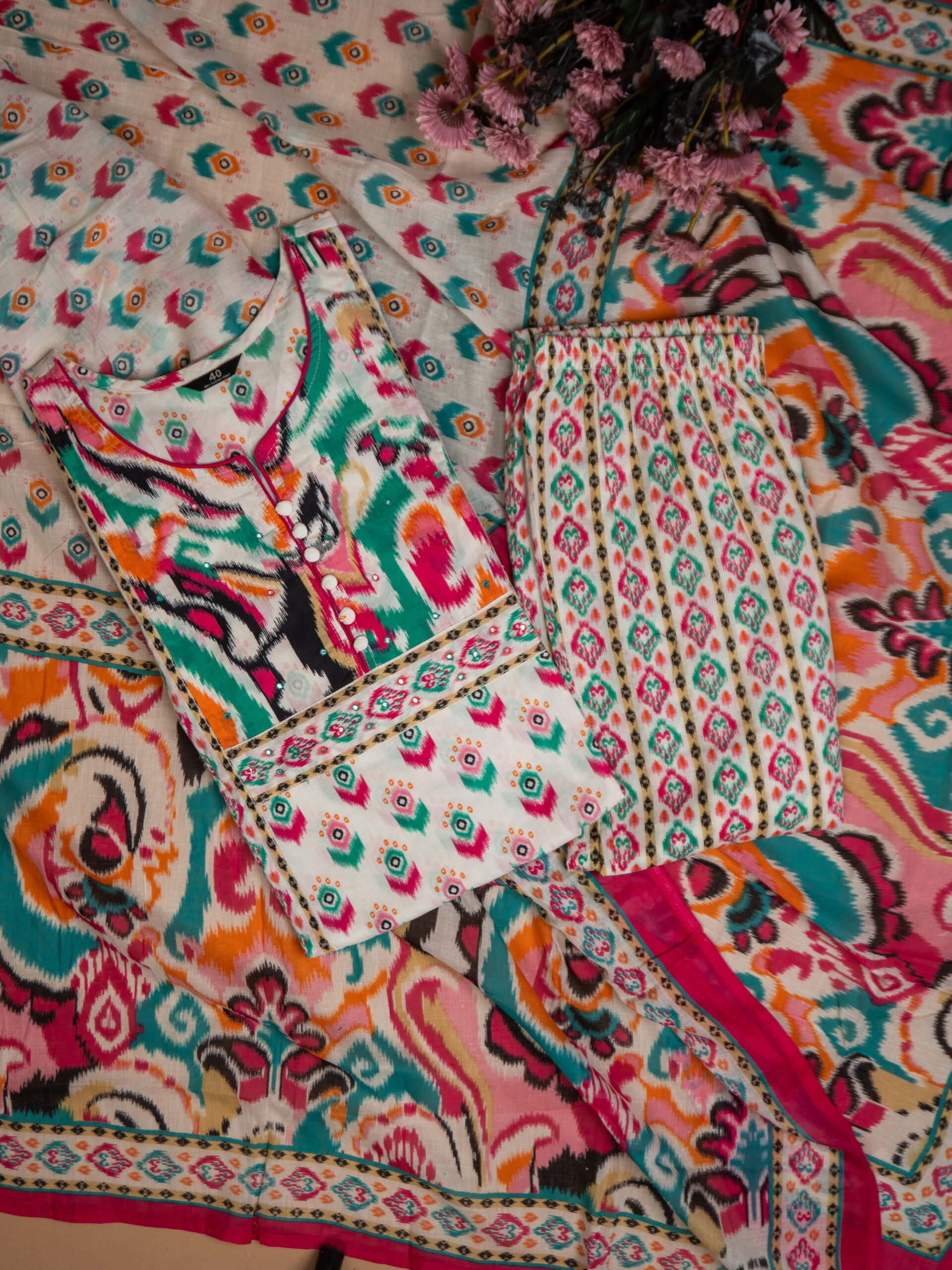 Multicolor Ikat Printed Kurta Set - Image 4