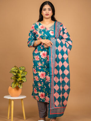Teal Pink Floral Print Kurta Set