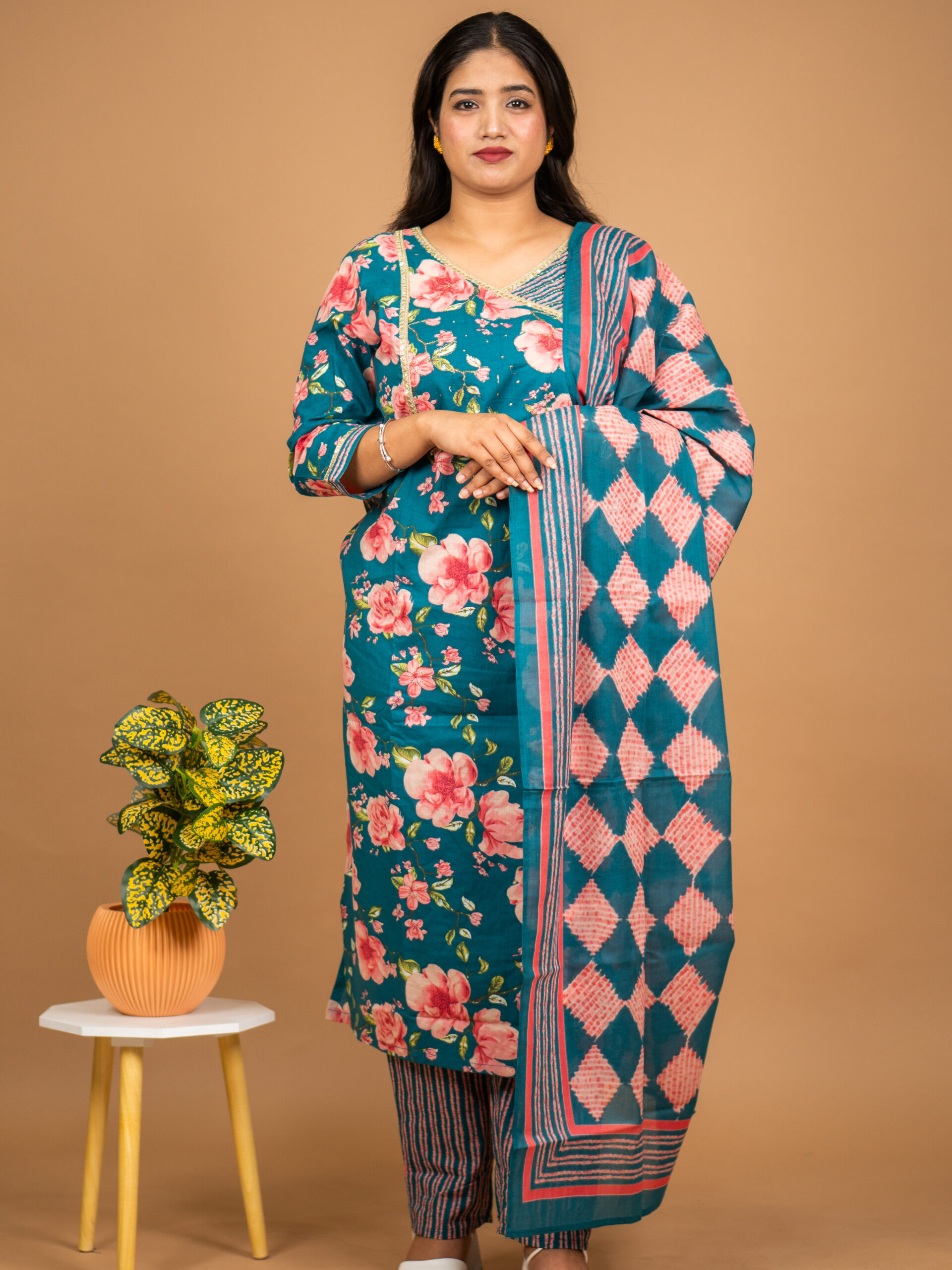 Teal Pink Floral Print Kurta Set